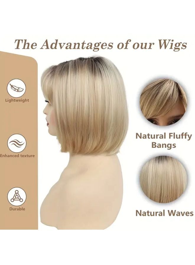 Brown Golden Blonde Short Wavy Bob Wig 12 Inch No Lace Glueless Heat Friendly Synthetic - Image 2